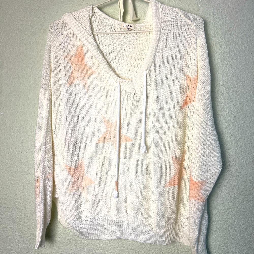 Women's POL V-Neck Pullover With Hood Cream/Pink Hearts Size Medium